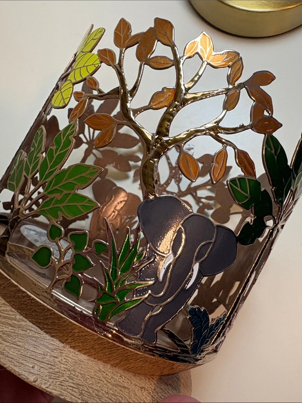 Bath & Body Works Elephant Jungle enameled metal Candle Holder with Wooden Base